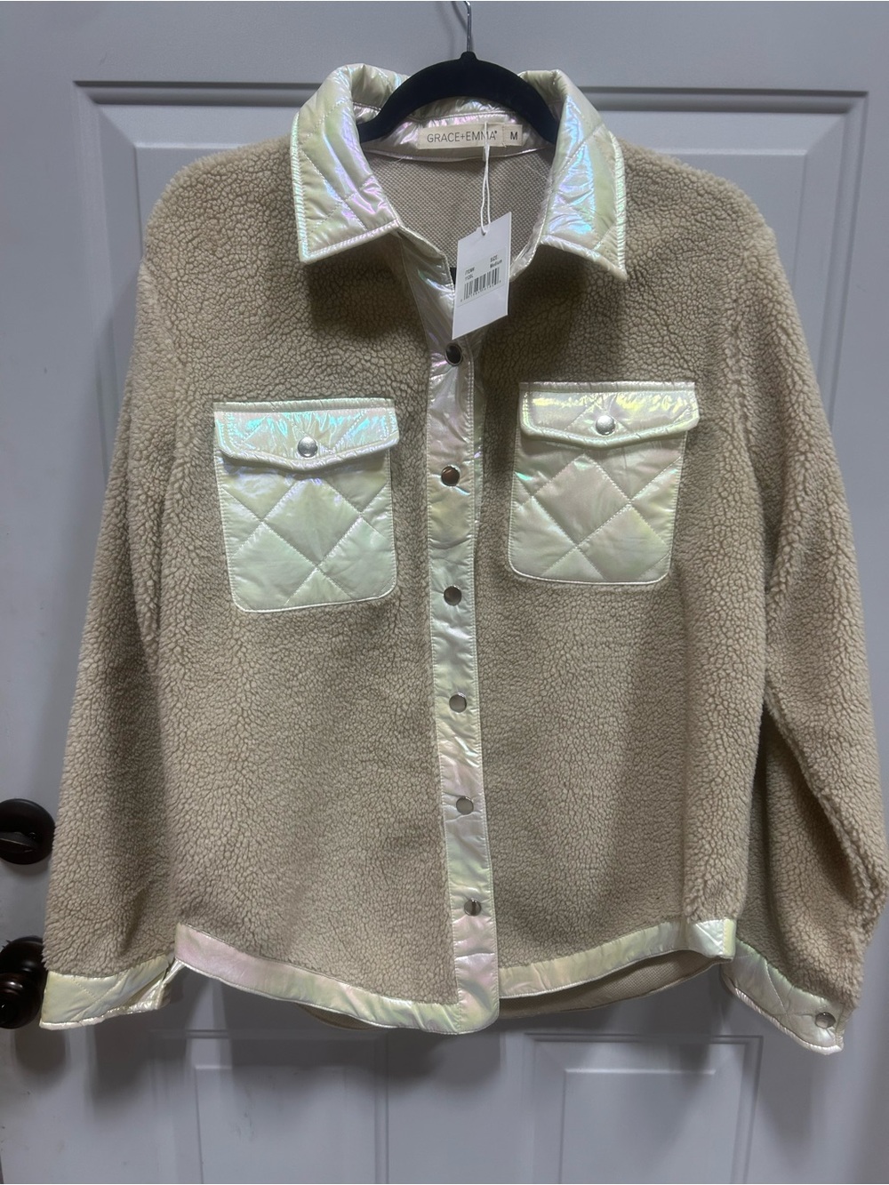 Grace & Emma Cream Sherpa Jacket with Iridescent Trim